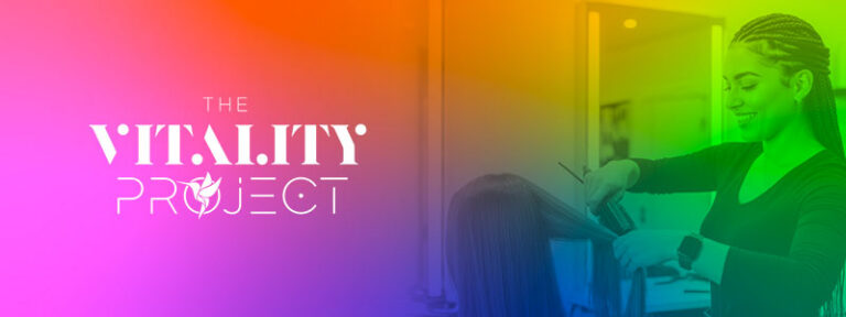 Colorful banner for The Vitality Project featuring a hairstylist working in a salon.