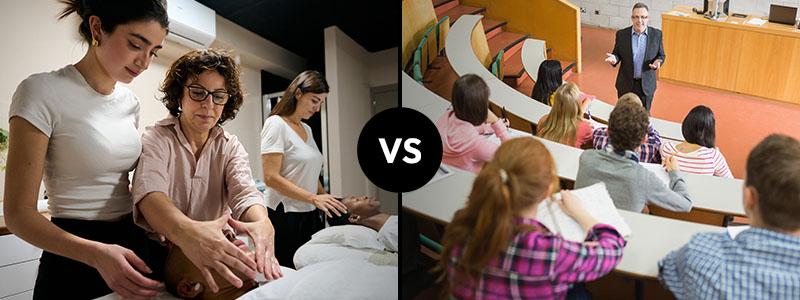 Massage therapy training vs academic lecture in classroom setting, highlighting different learning environments.